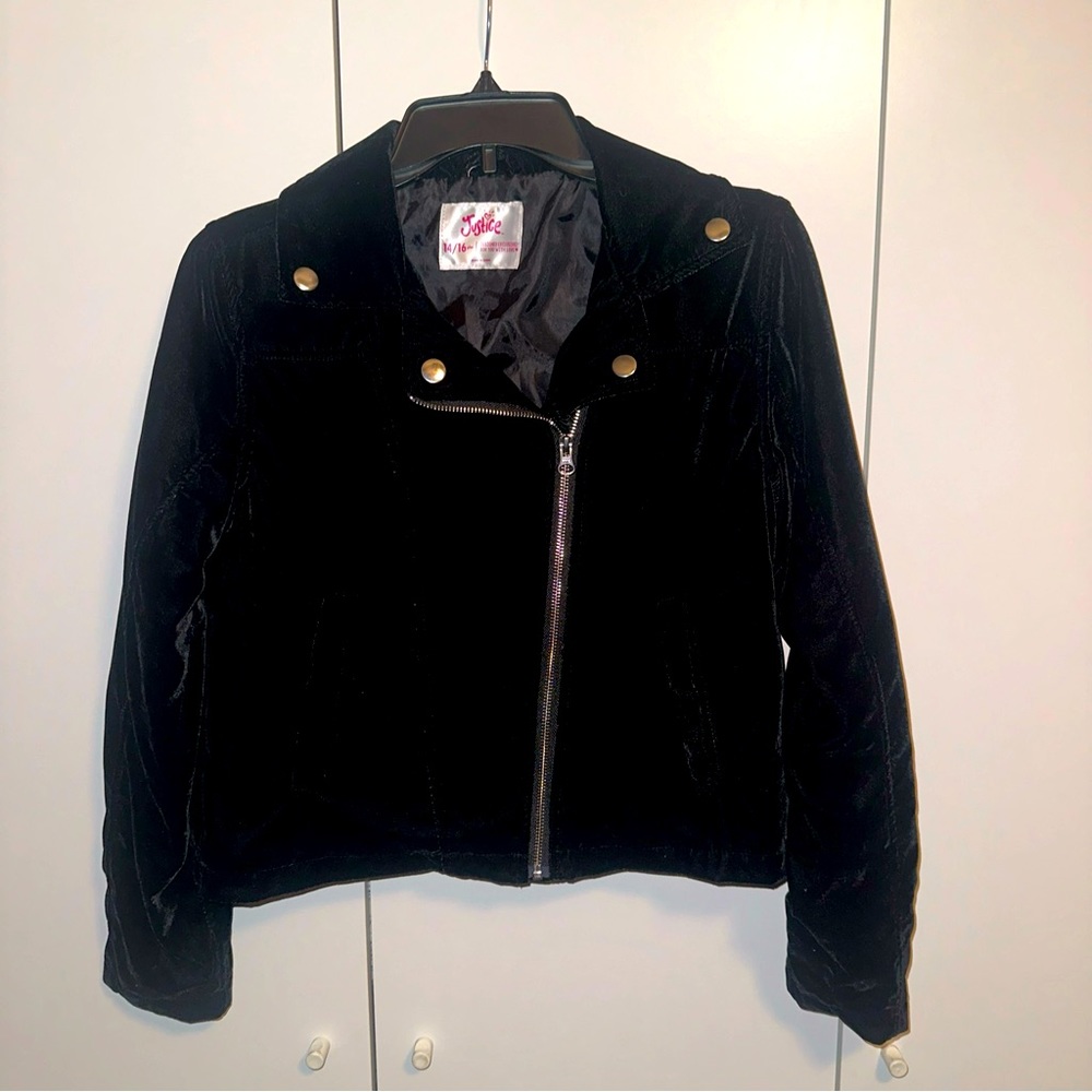 Justice Girls Jacket Size 14/16 Black Velvet Zip Up Jacket
